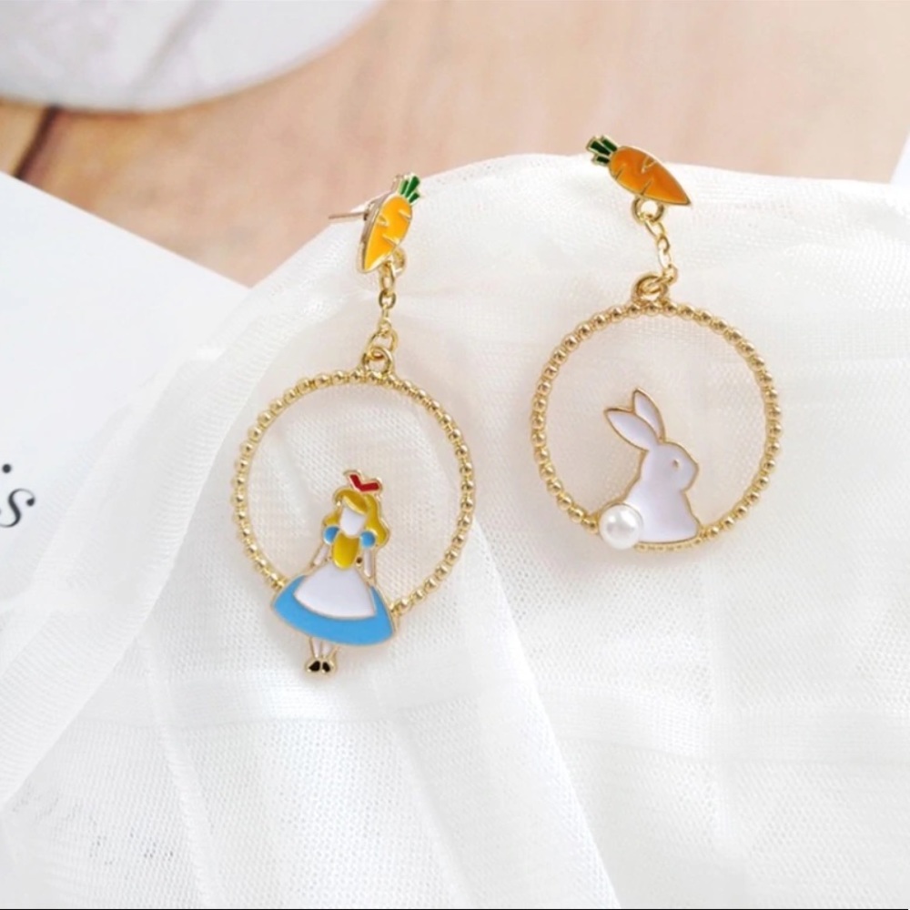 Alice and Rabbit Wonderland Drop Earrings Gold